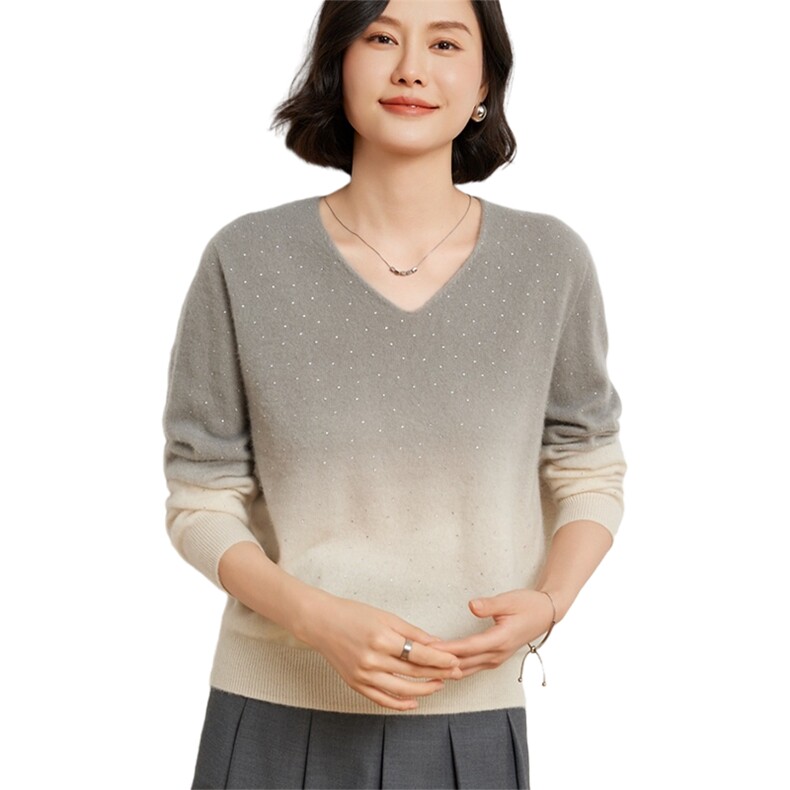 时尚优雅女士渐变色V领衫10%加烫钻设计显瘦百搭款,女装羊绒衫,臻维羊绒