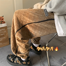 雪尼尔棋盘格加绒束脚运动裤男老钱风百搭休闲裤K23730J加绒-P70，男装休闲裤，电商A001