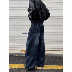 潮流刺绣男女拖地长裤弯刀牛仔裤宽松休闲阔腿裤子K7128-P48网图，男装牛仔裤，电商B245