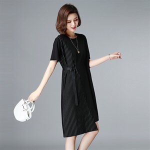条纹短袖时尚休闲优雅2021年夏季中长款可收束腰连衣裙女图片