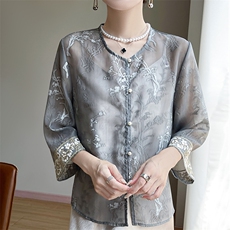 新中式国风外套七分袖薄款2025夏季刺绣开衫薄款欧根纱防晒衣上衣，女装T恤，圣丽羊绒
