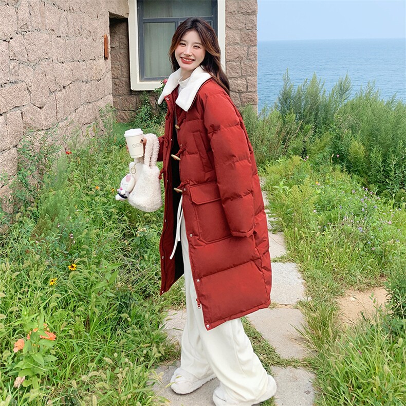 新年红色羊羔毛翻领羽绒棉服女冬季2024新款学院风牛角扣棉衣棉袄,女装棉衣/棉服,C位