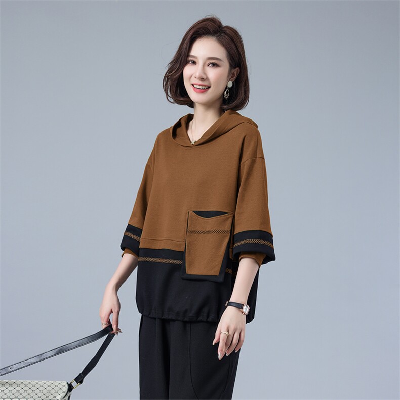 2022春季新款宽松减龄撞色休闲卫衣套装两件套,女装套装/套裙,深水步