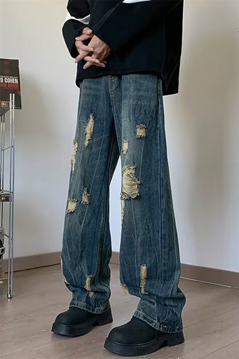 美式复古小众破洞牛仔裤高街百搭痞帅情侣直筒裤KZ44556--TP40,男装牛仔裤,电商A247C