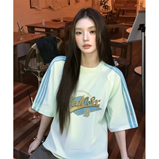 抖音得物品质二开240克宽松纯棉美式潮牌印花三条杠中性风短袖T恤，男装T恤，电商A486