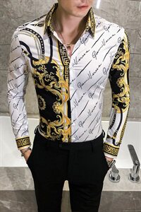 2021春秋男衬衫英伦长袖上衣印花男装韩版修身四季潮流衬衣H862-P55图片