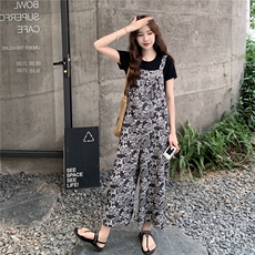 韩版复古时尚印花背带裤女2025夏季新款宽松小个子减龄显瘦阔腿裤，女装连体裤，2C353