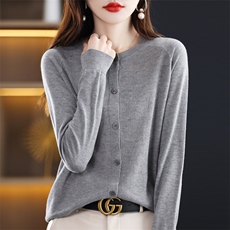 100%纯羊毛开衫女圆领一线成衣提花长袖针织衫毛衣宽松羊绒衫外套，女装针织衫/毛衣，大美人包芯纱店