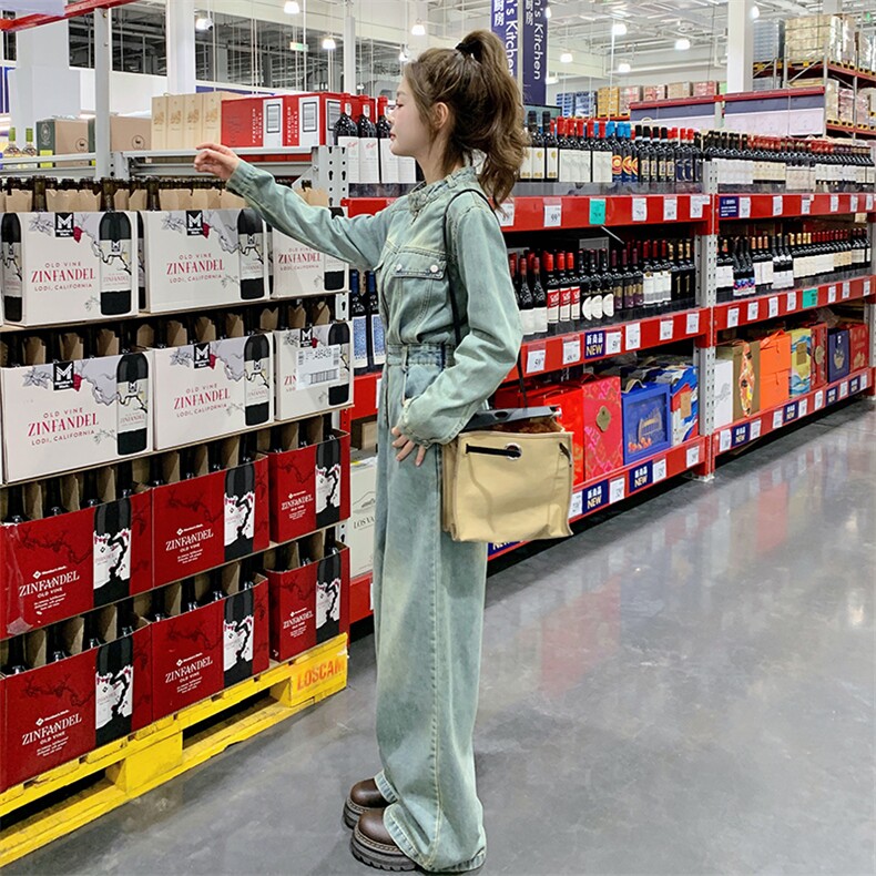 （新款现货）2026春装时尚休闲复古色立领拉链工装阔腿牛仔连体裤,女装连体裤,印象茜