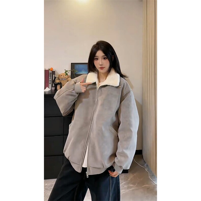 现货重磅硬挺boxy羽绒棉衣座山雕羊羔毛领洗水麂皮棉服冬外套,男装棉衣,电商A486