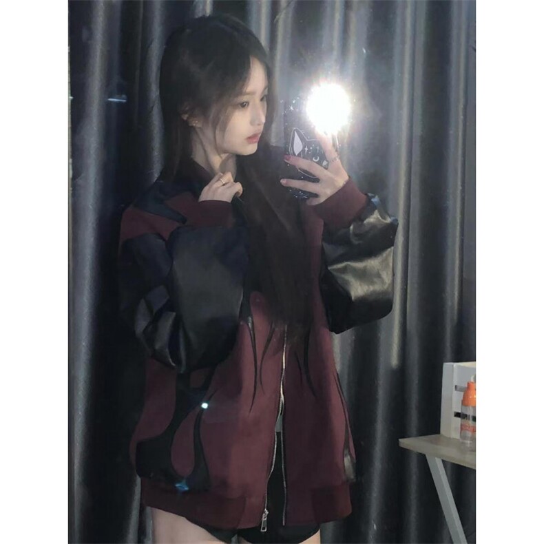 有货酒红撞色拼接皮衣棒球服外套男女款春秋机车夹克J31HH-特P76,男装夹克,星座1007（原301D）