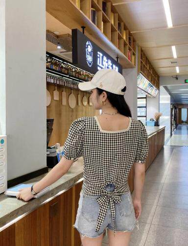 后系带花边领格子上衣，女装，斐伦缇娜