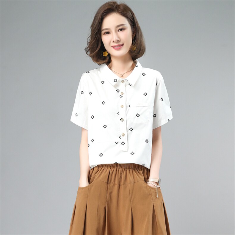 2024年夏装新款纯棉套头衬衫女短袖韩版宽松显瘦时尚减龄刺绣上衣,女装衬衫,奕阳依阁