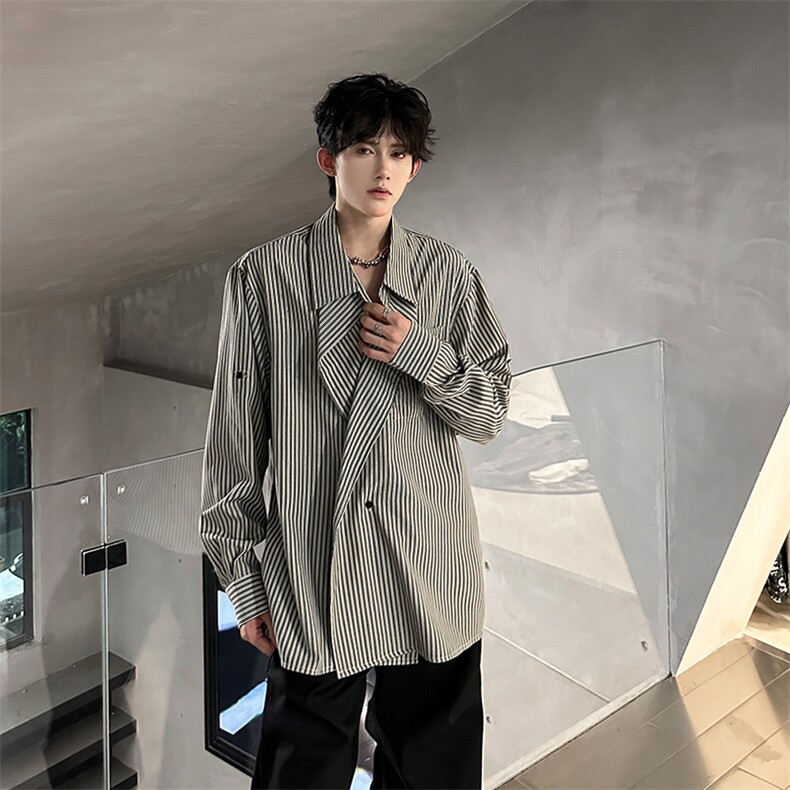 现货英伦风条纹大翻领设计款潮男长袖衬衫A071-3306-P58,男装衬衫,电商A071