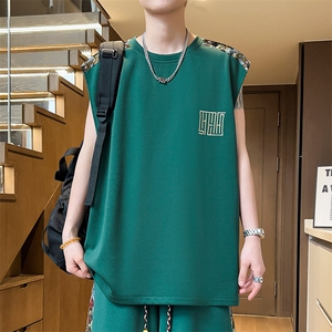 菠萝格刺绣背心男夏季无袖T恤上衣潮男士体恤拼接A266-BX022-P18图片