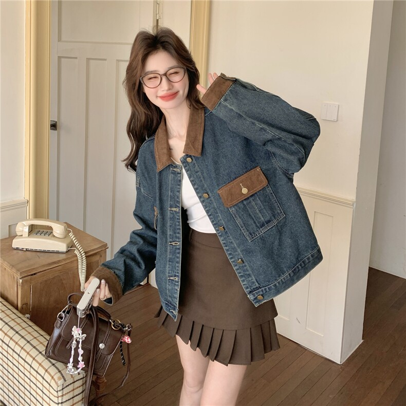 春装新款牛仔拼接PU皮短款外套2C153-8938-P155K248,女装短外套,2C153