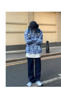 网红潮男穿搭春秋新款扎染格子衬衫港风翻领百搭衬衣外套G374P40图片