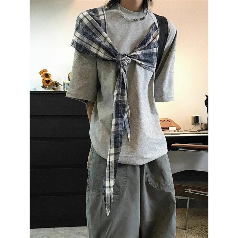 拼接格子布装饰高品质260克双纱纯棉美式高街短袖T恤特P35,男装T恤,电商A486-1