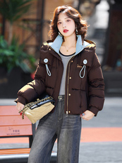 藏青色休闲连帽短款羽绒服女2025冬季新款宽松加厚保暖白鸭绒外套，女装羽绒服，歌伊格美