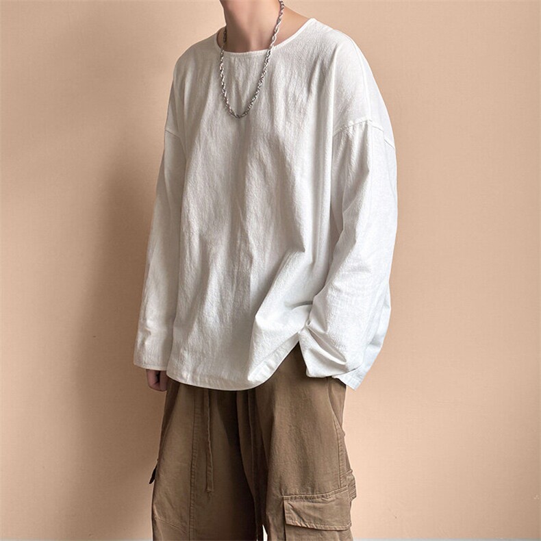 现货-棉麻T恤男新款质感长袖舒适大领口上衣AT2489-P40控88，男装T恤，电商A351