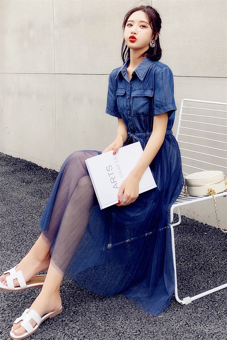 个性拼色中长款短袖连衣裙2023年夏季时尚潮流舒适简约,女装连衣裙,微微衣阁