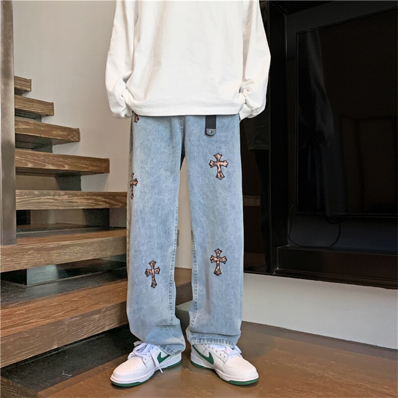 ins牛仔长裤男潮牌美式高街水洗复古刺绣宽松直筒裤K2244-P40,男装休闲裤,星座512-2