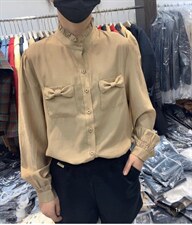 2021秋季新款欧洲站长袖口袋蝴蝶结气质纯色百搭显瘦时尚衬衫，女装衬衫，L·H·X