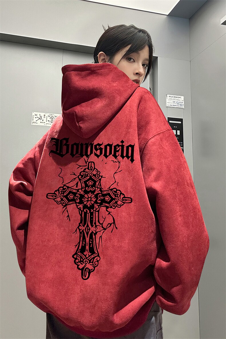 麂皮绒连帽卫衣直播品质重磅400克哥特十字架印花JL7076-P45控78,男装卫衣,星座508（原C305）