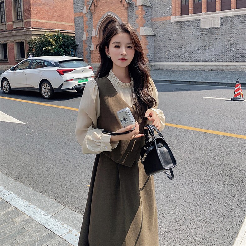 法式气质假两件茶歇连衣裙女2025春秋季新款收腰显瘦撞色a字长裙，女装连衣裙，2C166