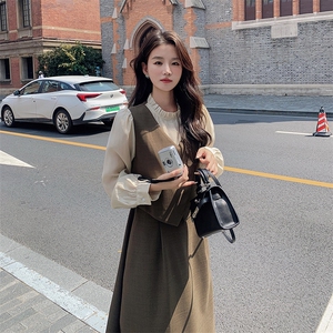 法式气质假两件茶歇连衣裙女2025春秋季新款收腰显瘦撞色a字长裙图片
