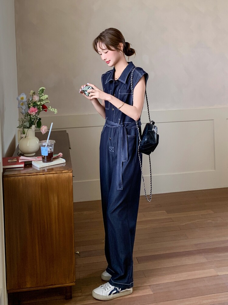港风复古深蓝色无袖牛仔连体裤女2026夏气质显瘦高腰工装风连衣裤,女装连体裤,印象茜