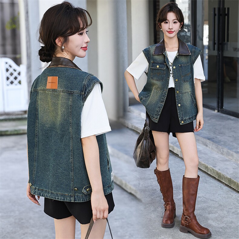 现货欧洲站2024秋季新款欧韩港风拼接撞色宽松百搭牛仔马甲外套，女装马甲，跑量工厂店