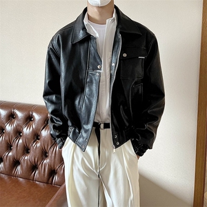 痞帅Pu皮衣小众双拉链垫肩皮夹克男机车服秋冬外套 JW631图片