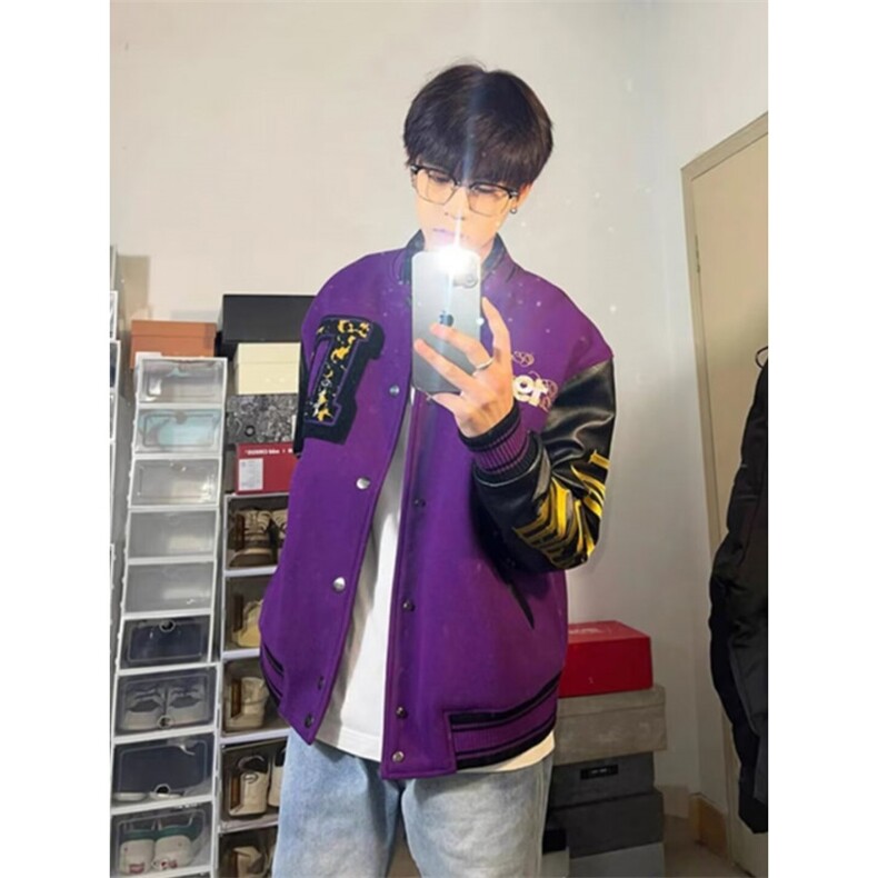 美式街头棒球服男秋冬季骰子撞色拼接夹克巾绣满绣情侣高级感外套,男装夹克,星座506A