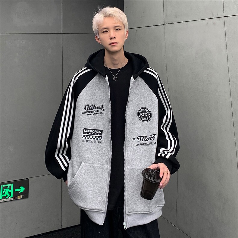 秋冬季条纹美式复古连帽重磅开衫男新款条纹拼接夹克JK109-P78图片