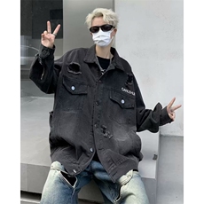 炸街破洞牛仔夹克男春秋季美式复古宽松上衣潮牌做旧痞帅工装外套，男装夹克，星座601-2