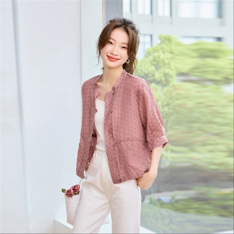 休闲提花轻薄衬衫抽绳外套2025春夏新款时尚休闲长袖外套,女装短外套,素月