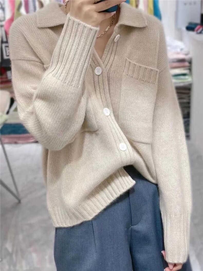 时尚女士秋季新款修身显瘦双兜羊毛针织开衫,女装羊毛衫,悦玛羊绒