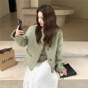 小香风绿色双面呢大衣外套女秋季2025新款小个子巨好看显瘦短款图片
