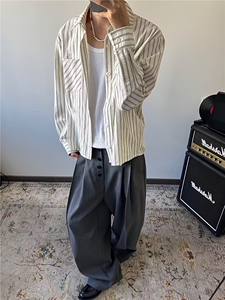 条纹长袖衬衫男秋季宽松慵懒风设计感小众风独特上衣 CS91图片