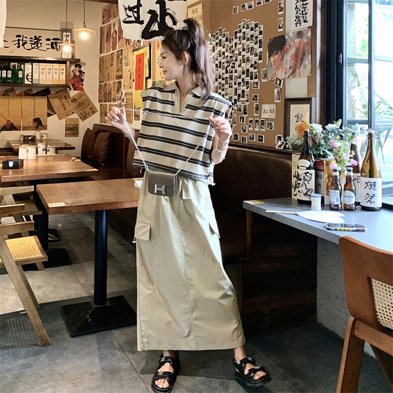 韩系休闲工装套装裙女夏季2025年新款卡其色条纹上衣半身裙两件套,女装套装/套裙,维壹