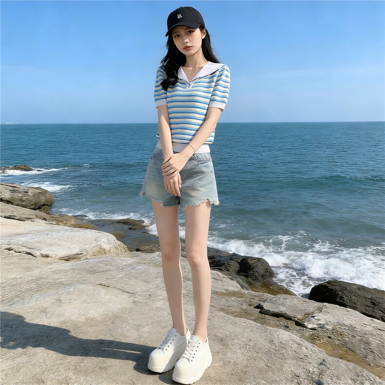时尚简约套装女夏季新款洋气减龄蓝色翻领条纹上衣牛仔短裤两件套,女装套装/套裙,江南