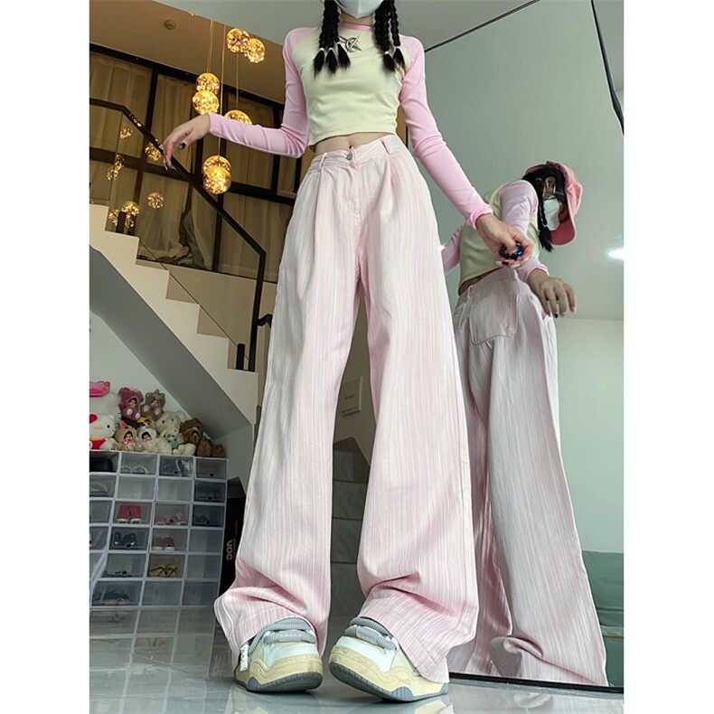 2023春秋女薄款竖条纹直筒宽松阔腿长款拖地运动休闲裤K00947-P65,男装休闲裤,星座308B-2
