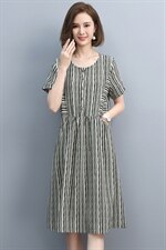 2021夏季新款简约时尚圆领拼接休闲舒适条纹连衣裙图片