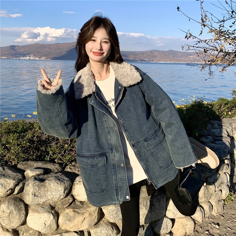 美式蓝色羊羔毛领牛仔外套女2025冬季新款高级感休闲宽松夹克上衣,女装羽绒服,艾米莉亚