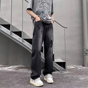破洞牛仔裤男2024新款春夏直筒宽松美式高街痞帅做旧裤子图片