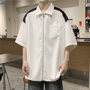 拼皮开衫拉链衬衫男短袖新款外套美式痞帅宽松潮牌小众高级感衬衣图片