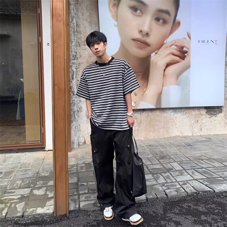 新款百搭气质无品牌文艺黑白条纹针织短袖t恤男夏季穿搭日系潮流,男装T恤,星座506A