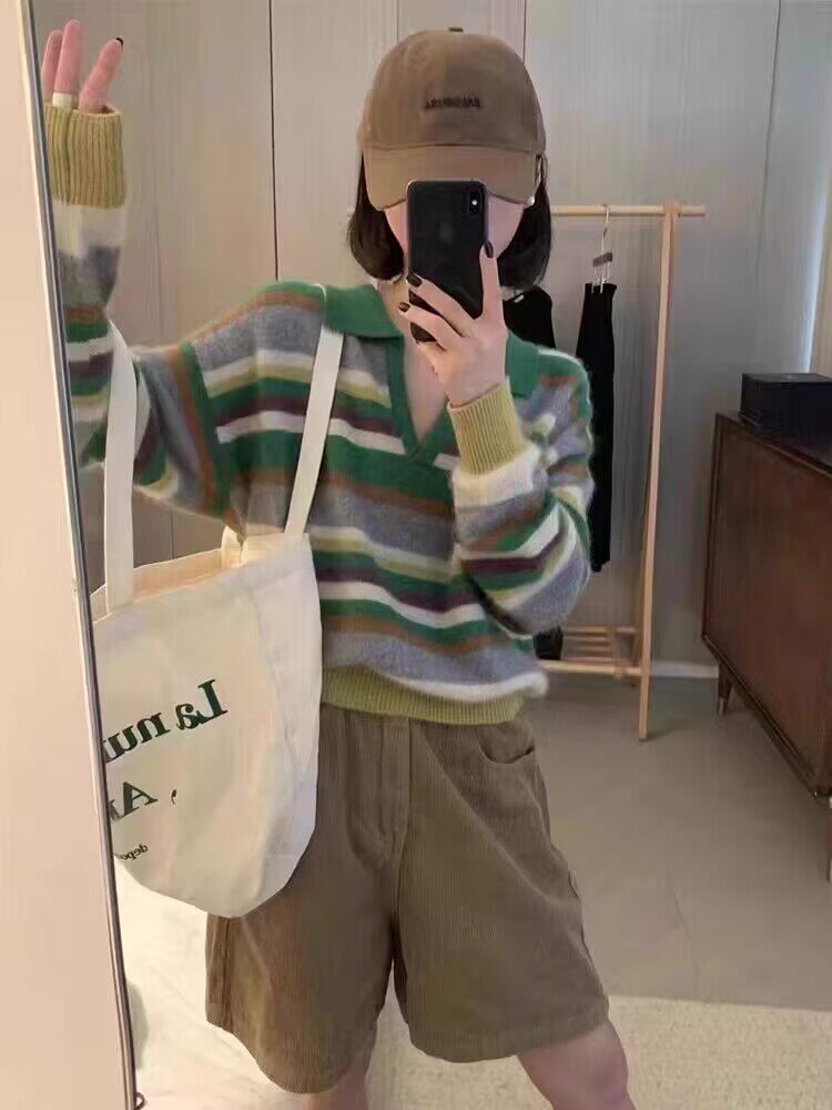 2025年秋季时尚百搭通勤简约休闲衬衣领条纹衫，女装羊毛衫，莺澜羊绒