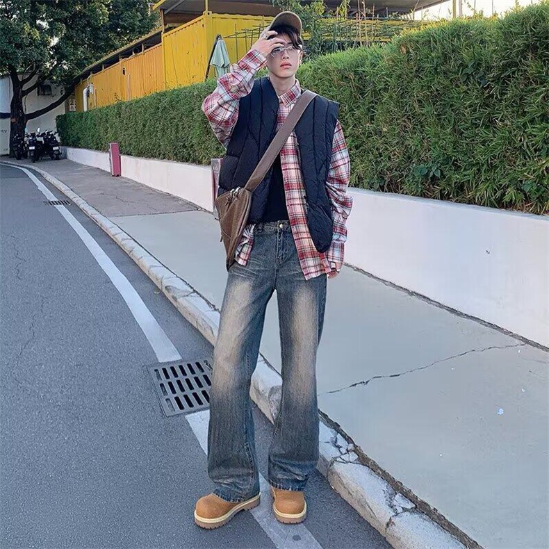 微喇牛仔裤男春秋季2025新款复古高腰直筒宽松拖地长裤子2120/P70,男装牛仔裤,星座506